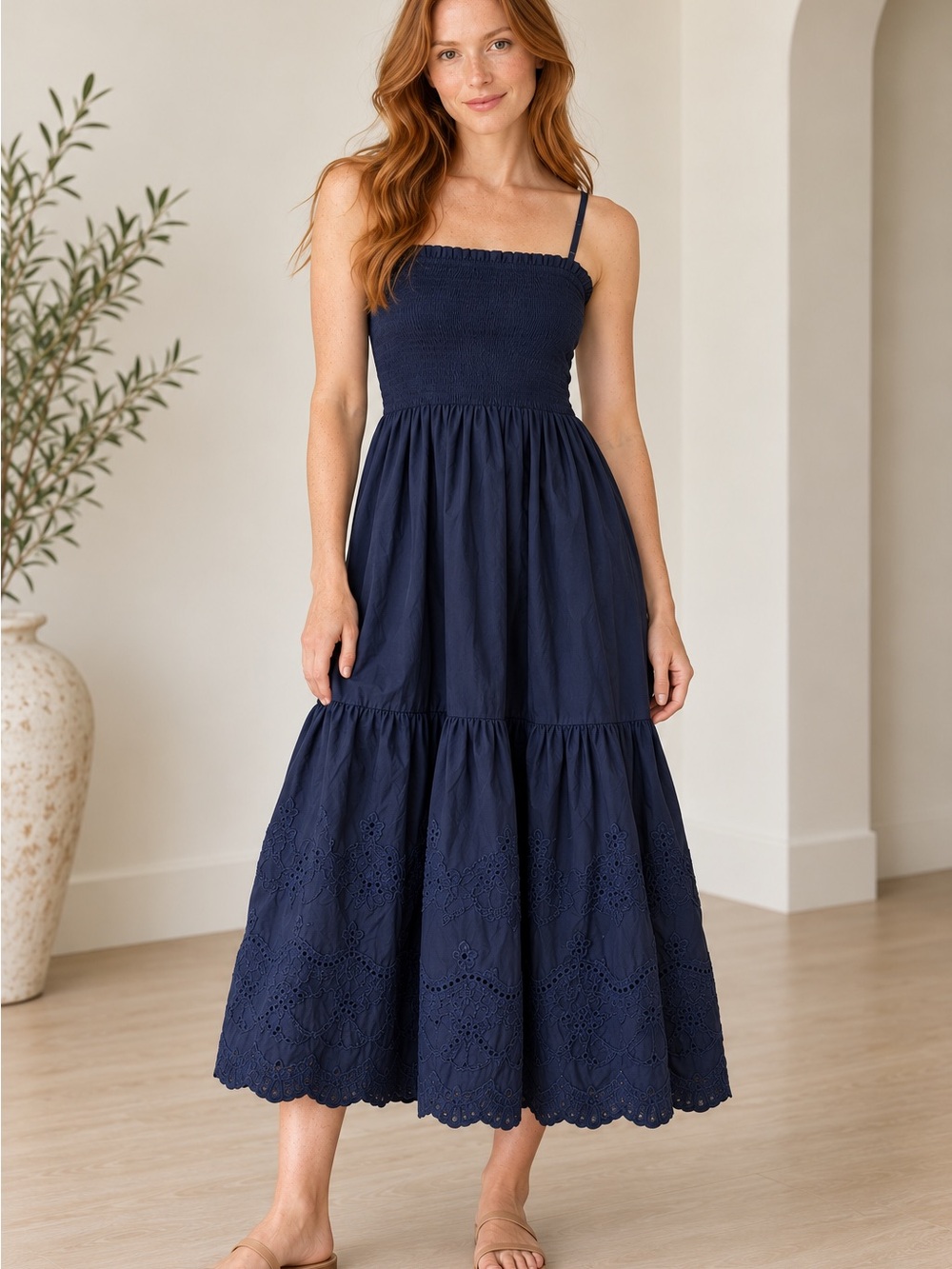 Aqua Navy Smocked Bodice Eyelet-Tier Midi Dress